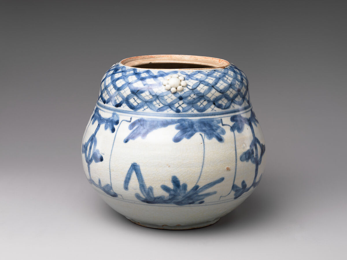 Freshwater Jar (Mizusashi) with Plants and Auspicious Motifs, Porcelaneous stoneware with cobalt blue under transparent glaze with applied decoration (Hizen ware, Arita type), Japan