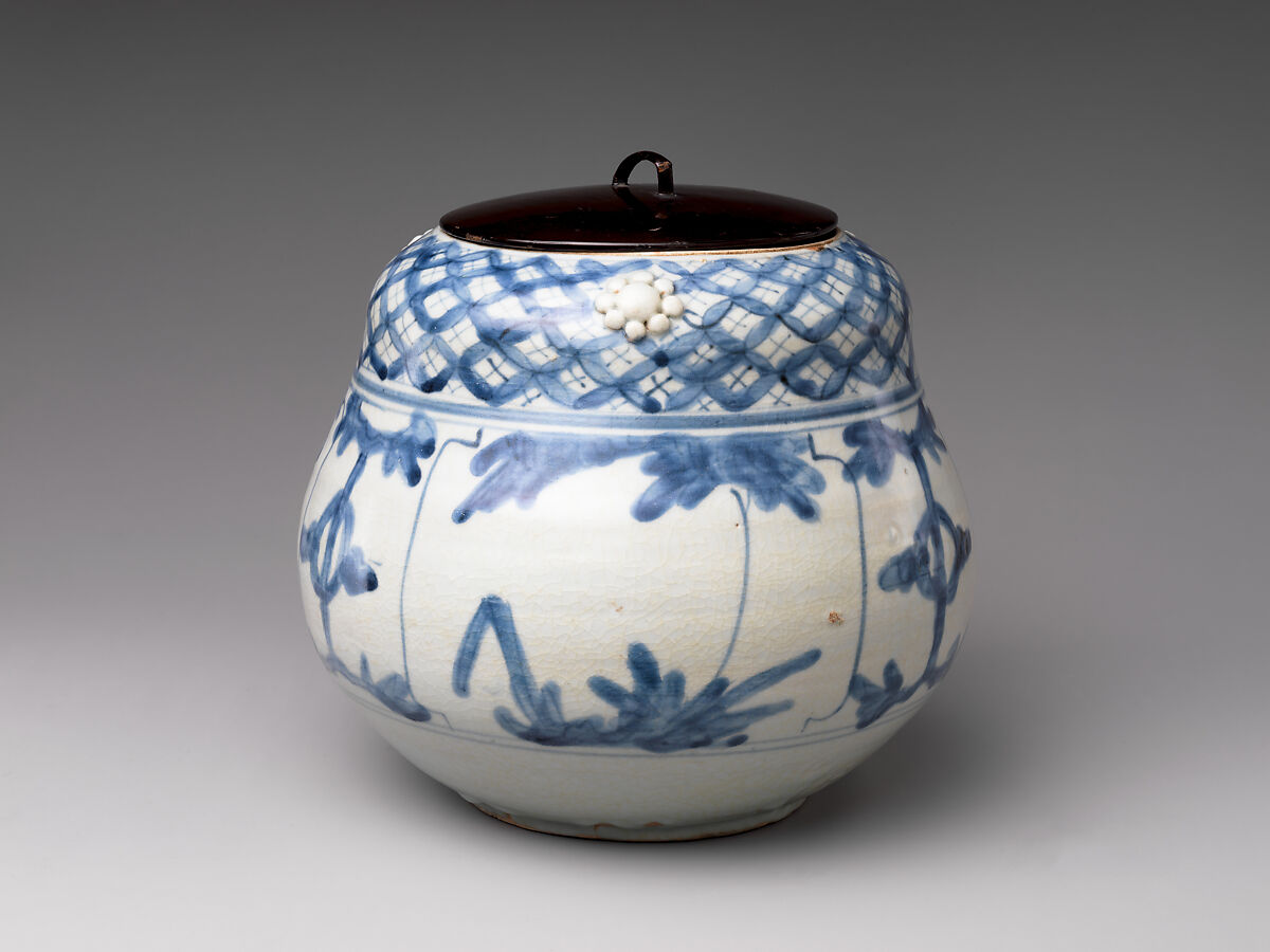 Freshwater Jar (Mizusashi) with Plants and Auspicious Motifs, Porcelaneous stoneware with cobalt blue under transparent glaze with applied decoration (Hizen ware, Arita type), Japan