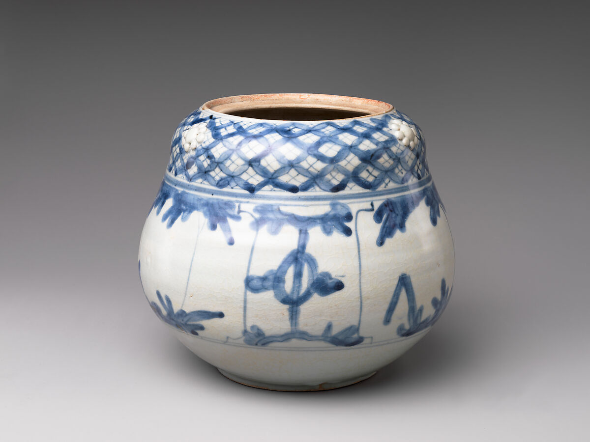 Freshwater Jar (Mizusashi) with Plants and Auspicious Motifs, Porcelaneous stoneware with cobalt blue under transparent glaze with applied decoration (Hizen ware, Arita type), Japan