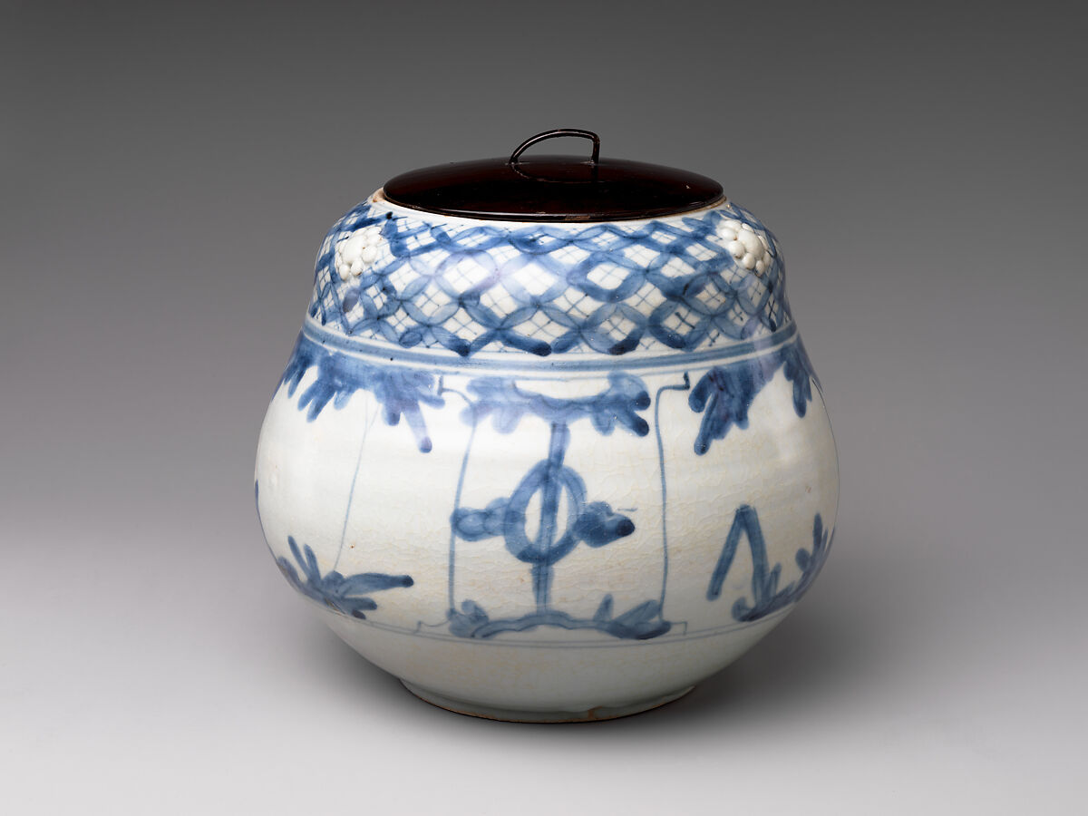 Freshwater Jar (Mizusashi) with Plants and Auspicious Motifs, Porcelaneous stoneware with cobalt blue under transparent glaze with applied decoration (Hizen ware, Arita type), Japan