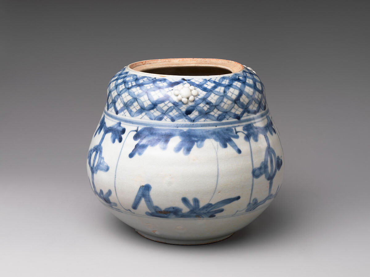 Freshwater Jar (Mizusashi) with Plants and Auspicious Motifs, Porcelaneous stoneware with cobalt blue under transparent glaze with applied decoration (Hizen ware, Arita type), Japan