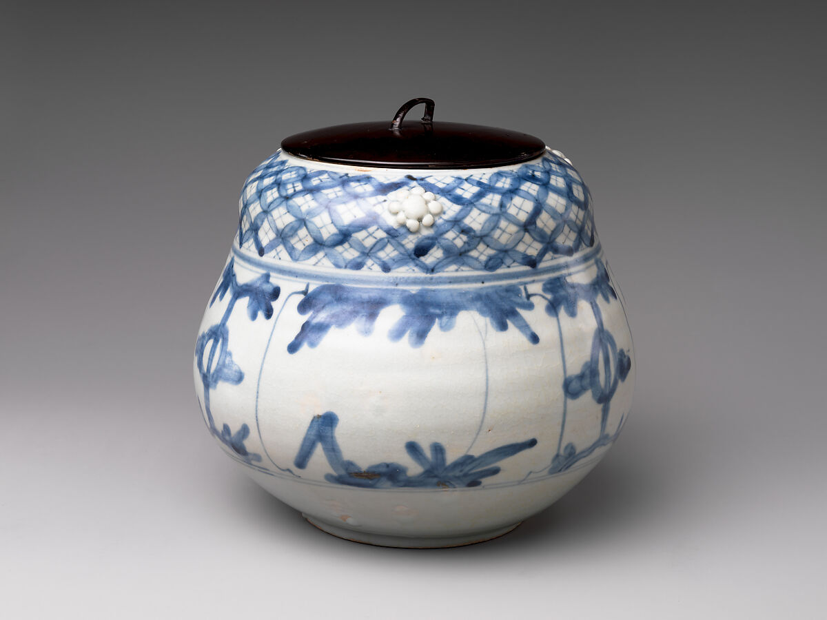Freshwater Jar (Mizusashi) with Plants and Auspicious Motifs, Porcelaneous stoneware with cobalt blue under transparent glaze with applied decoration (Hizen ware, Arita type), Japan