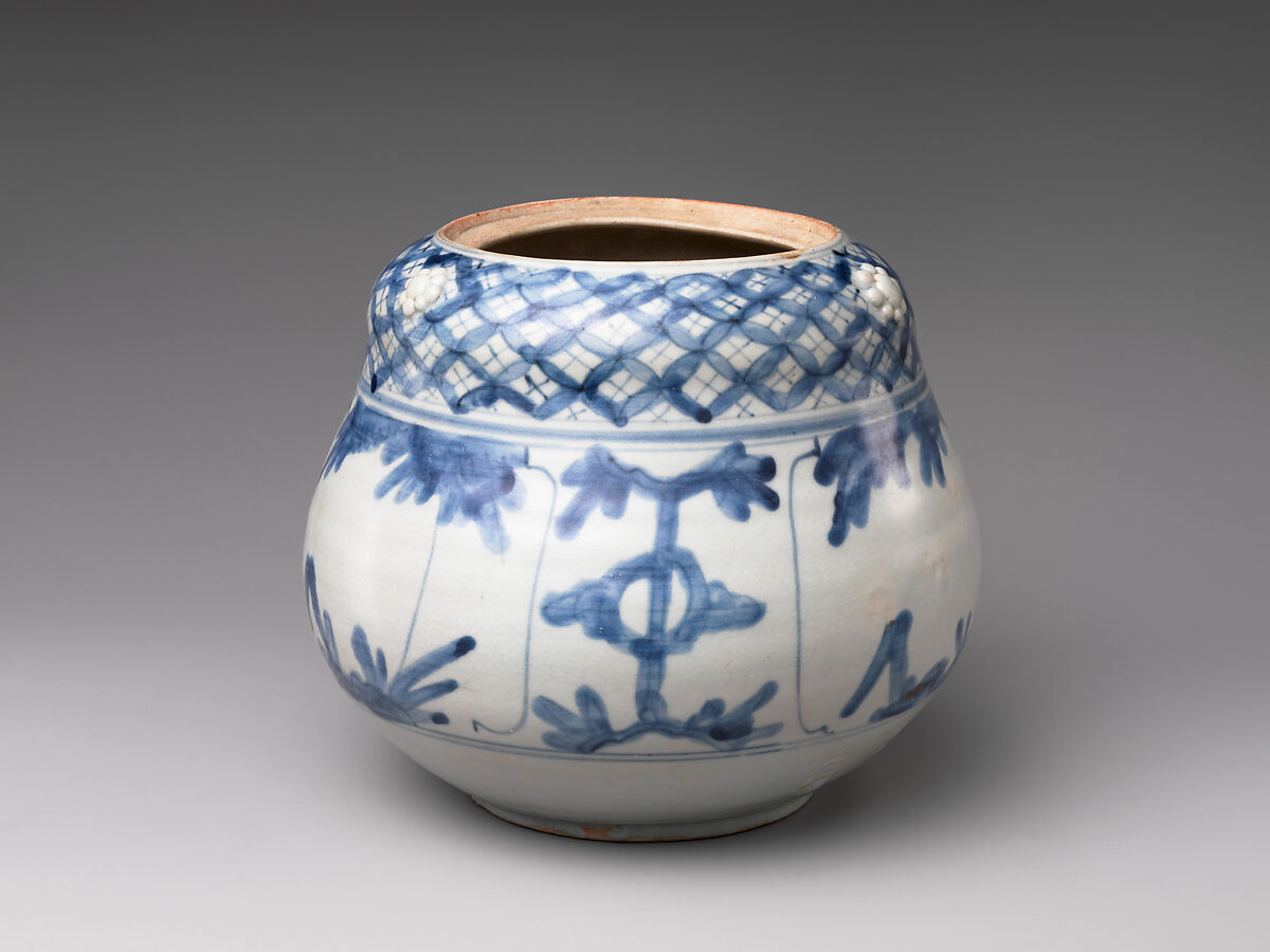 Freshwater Jar (Mizusashi) with Plants and Auspicious Motifs, Porcelaneous stoneware with cobalt blue under transparent glaze with applied decoration (Hizen ware, Arita type), Japan