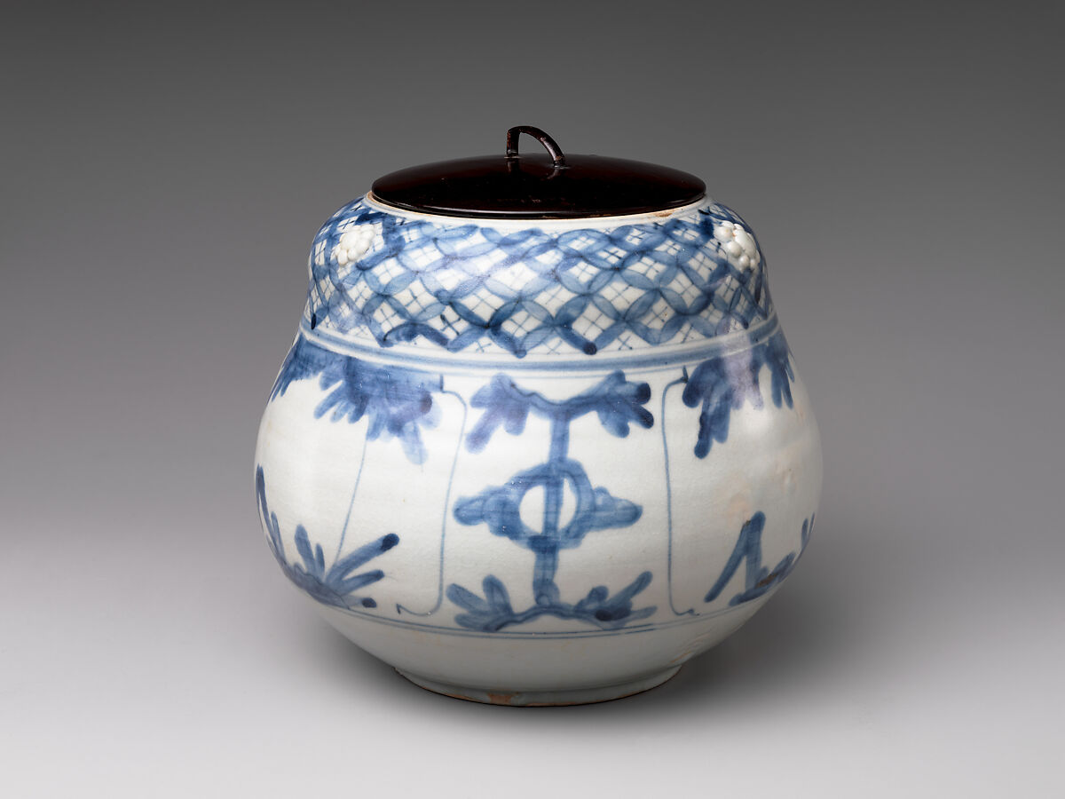 Freshwater Jar (Mizusashi) with Plants and Auspicious Motifs, Porcelaneous stoneware with cobalt blue under transparent glaze with applied decoration (Hizen ware, Arita type), Japan