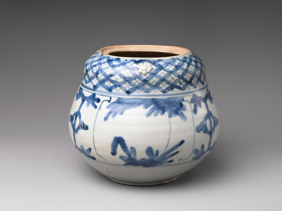 Freshwater Jar (Mizusashi) with Plants and Auspicious Motifs, Porcelaneous stoneware with cobalt blue under transparent glaze with applied decoration (Hizen ware, Arita type), Japan