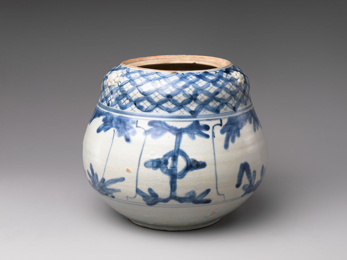 Freshwater Jar (Mizusashi) with Plants and Auspicious Motifs, Porcelaneous stoneware with cobalt blue under transparent glaze with applied decoration (Hizen ware, Arita type), Japan