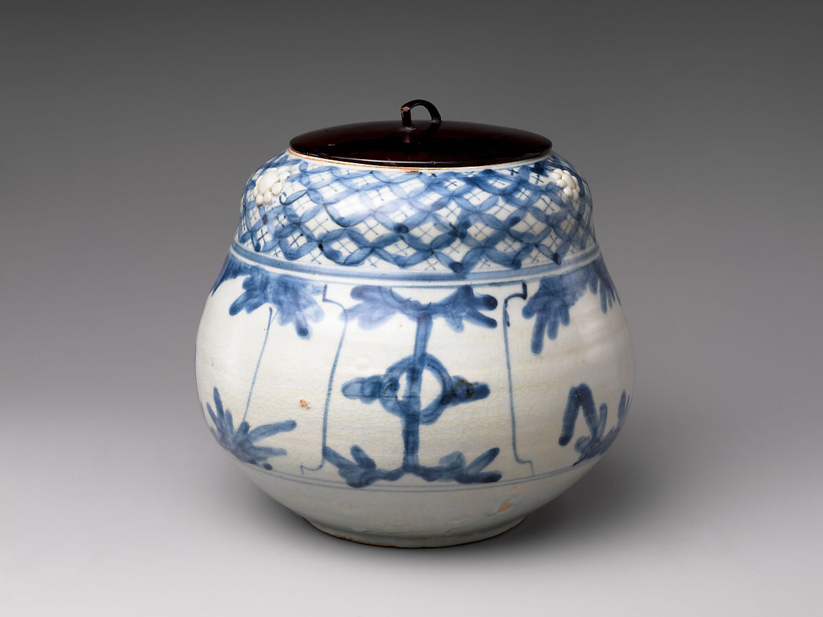 Freshwater Jar (Mizusashi) with Plants and Auspicious Motifs, Porcelaneous stoneware with cobalt blue under transparent glaze with applied decoration (Hizen ware, Arita type), Japan