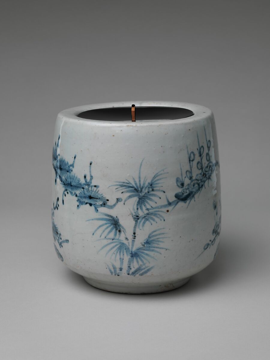 Freshwater Jar (Mizusashi) with Pine (front) and Plum with Bamboo (reverse), Porcelain with cobalt blue under transparent glaze (Hizen ware, Arita type), Japan