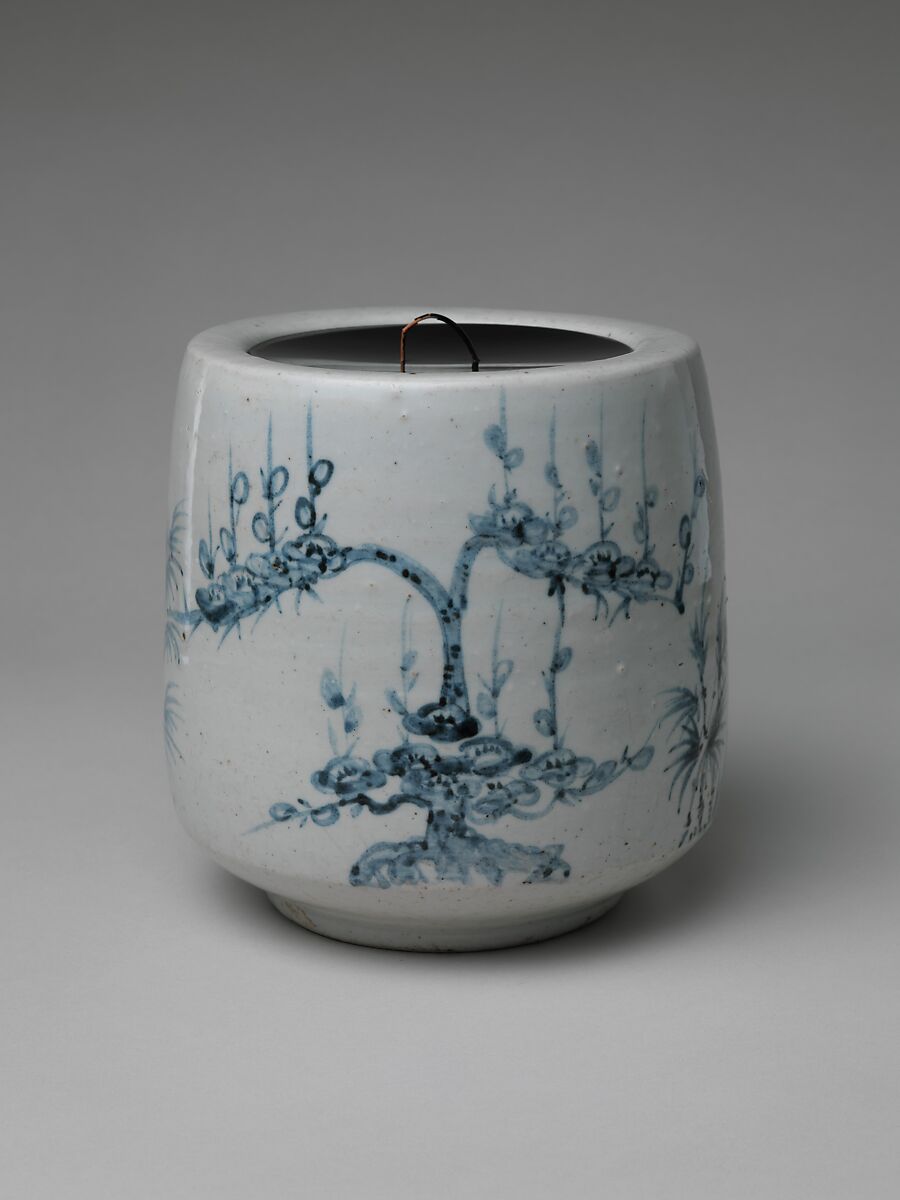 Freshwater Jar (Mizusashi) with Pine (front) and Plum with Bamboo (reverse), Porcelain with cobalt blue under transparent glaze (Hizen ware, Arita type), Japan
