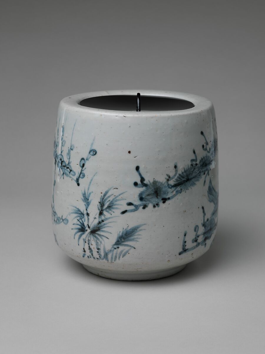 Freshwater Jar (Mizusashi) with Pine (front) and Plum with Bamboo (reverse), Porcelain with cobalt blue under transparent glaze (Hizen ware, Arita type), Japan