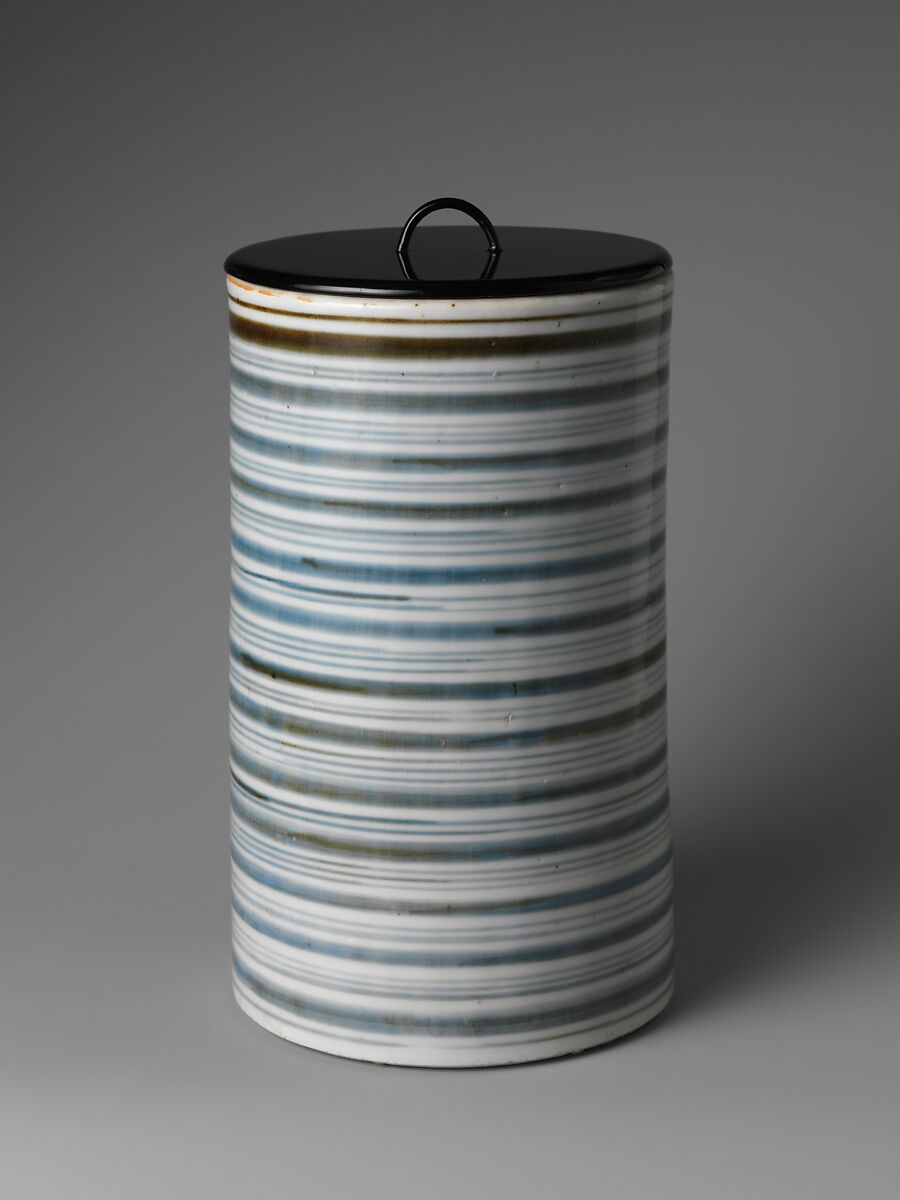 Tall Freshwater Jar (Hoso-mizusashi) with Striped Design, Porcelain with cobalt blue under transparent glaze (Hizen ware, Arita type), Japan