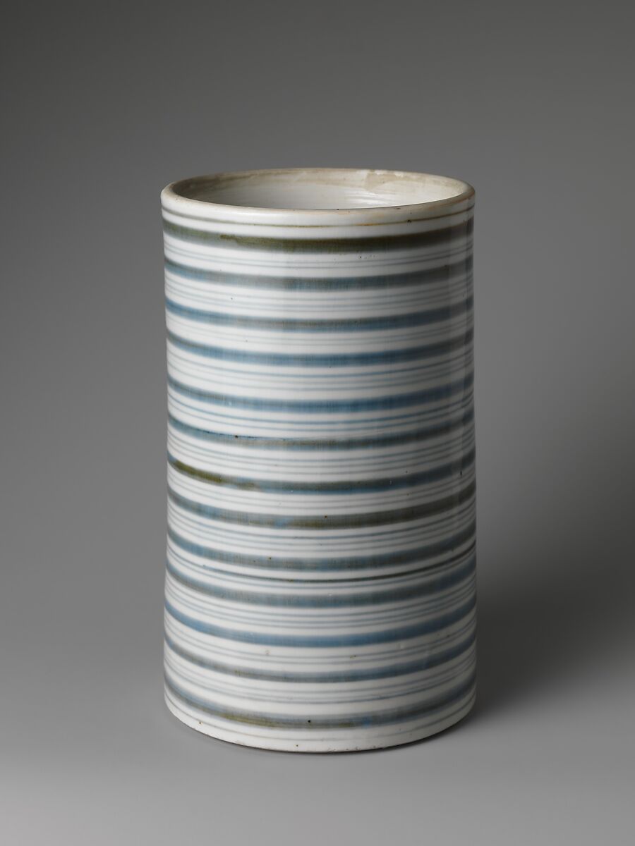 Tall Freshwater Jar (Hoso-mizusashi) with Striped Design, Porcelain with cobalt blue under transparent glaze (Hizen ware, Arita type), Japan
