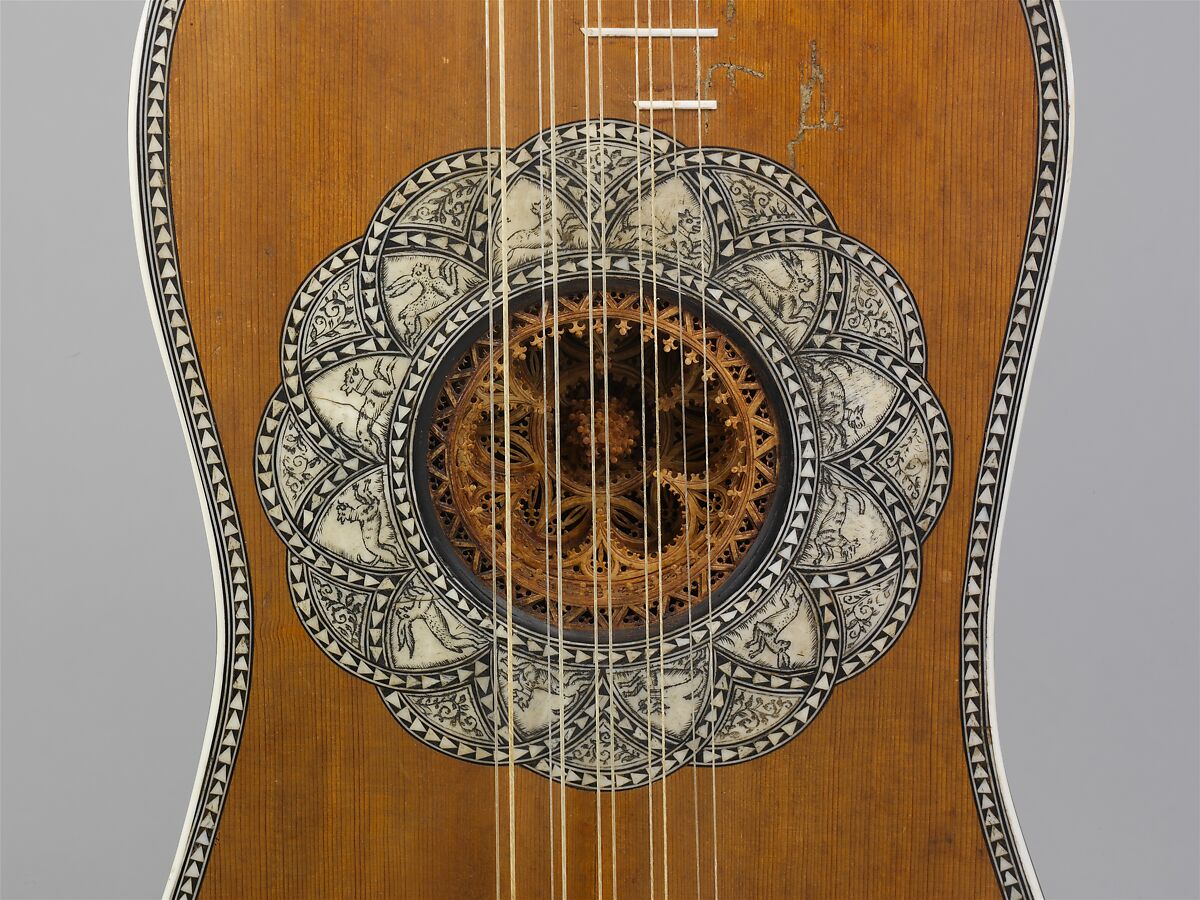Guitar, Attributed to Matteo Sellas (German, Füssen ca. 1599–1654 Venice), Spruce, bone, parchment, snakewood, ivory, Italian