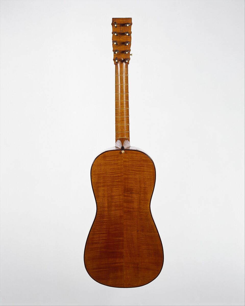 Guitar, José Massague (Spanish, Barcelona 1690–1764 Barcelona), Pine top, figured maple back and sides, rosewood binding, ivory nut, rosewood, mastic, and mother-of-pearl inlaid decoration, Spanish