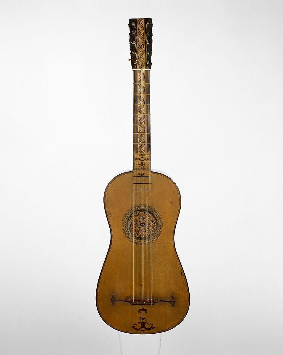 Guitar, José Massague (Spanish, Barcelona 1690–1764 Barcelona), Pine top, figured maple back and sides, rosewood binding, ivory nut, rosewood, mastic, and mother-of-pearl inlaid decoration, Spanish 