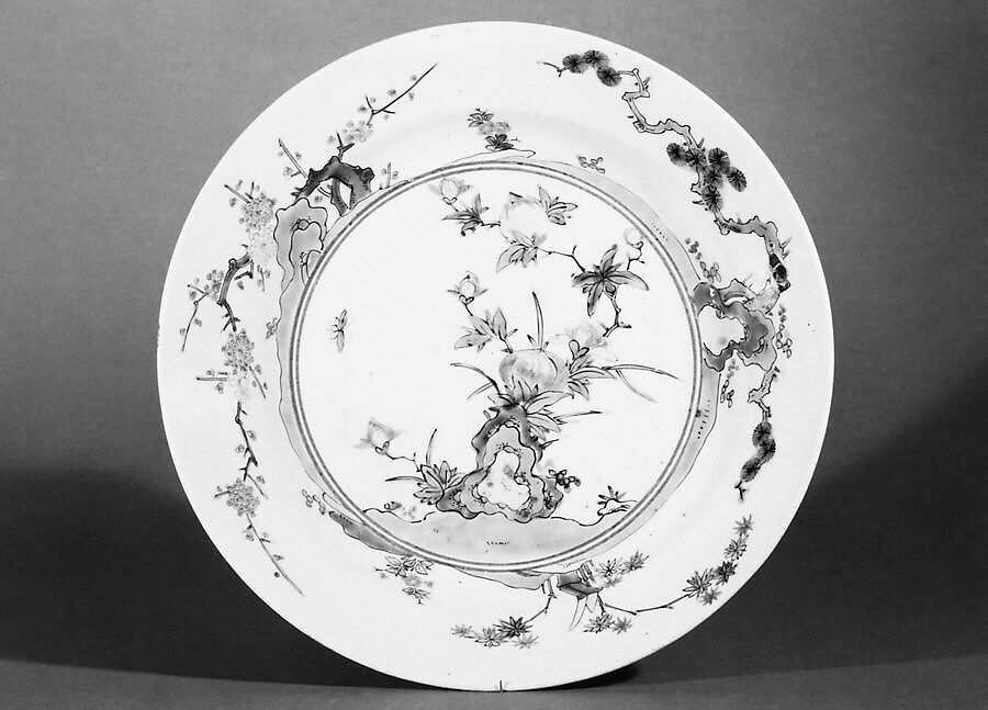 Plate with Flower and Bird Decor, Porcelain painted in overglaze polychrome enamels (Arita ware, Kakiemon type), Japan 