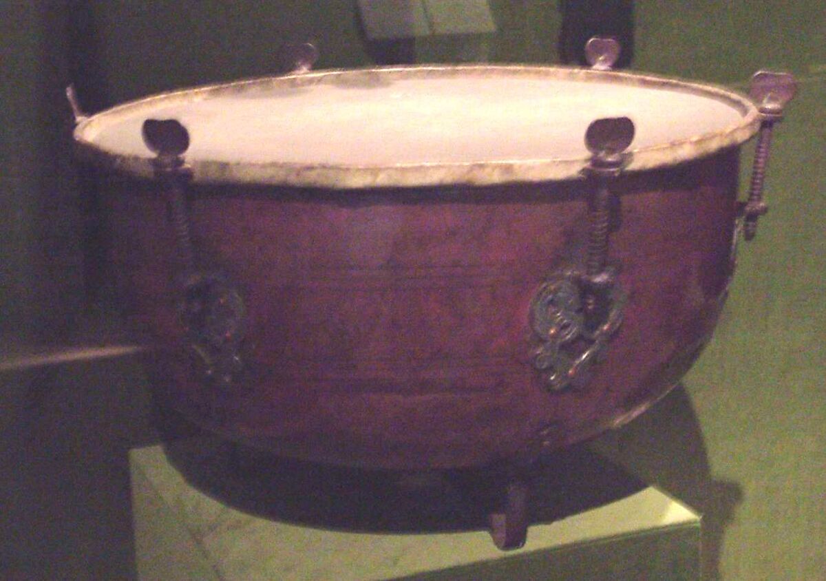 Kettledrum, Copper, iron, skin, fabric, probably German 