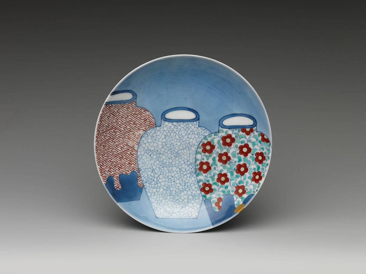 Dish with Three Jars, Porcelain with underglaze blue and overglaze polychrome enamels (Hizen ware, Nabeshima type), Japan 