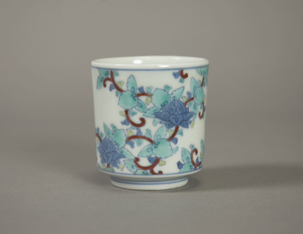One of Three Cups with Floral Designs, from a Set of Twenty, Porcelain with underglaze blue and overglaze enamels (Hizen ware, Nabeshima type), Japan 
