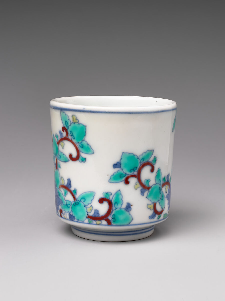 Three Cylindrical Food Cups (Choku) with Stylized Floral Designs, Porcelain with cobalt blue under transparent glaze and polychrome enamels over the glaze (Hizen ware, Nabeshima type), Japan