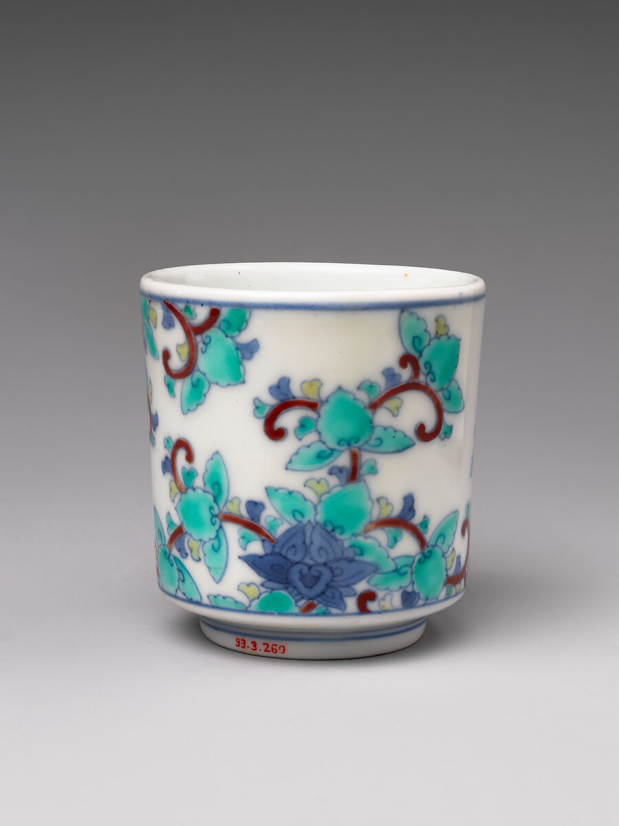 Three Cylindrical Food Cups (Choku) with Stylized Floral Designs, Porcelain with cobalt blue under transparent glaze and polychrome enamels over the glaze (Hizen ware, Nabeshima type), Japan