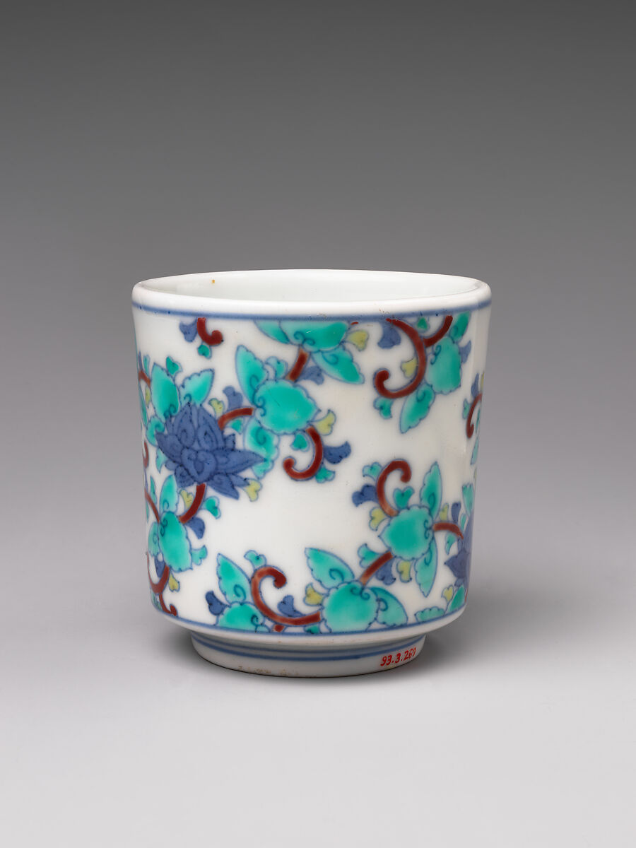 Three Cylindrical Food Cups (Choku) with Stylized Floral Designs, Porcelain with cobalt blue under transparent glaze and polychrome enamels over the glaze (Hizen ware, Nabeshima type), Japan