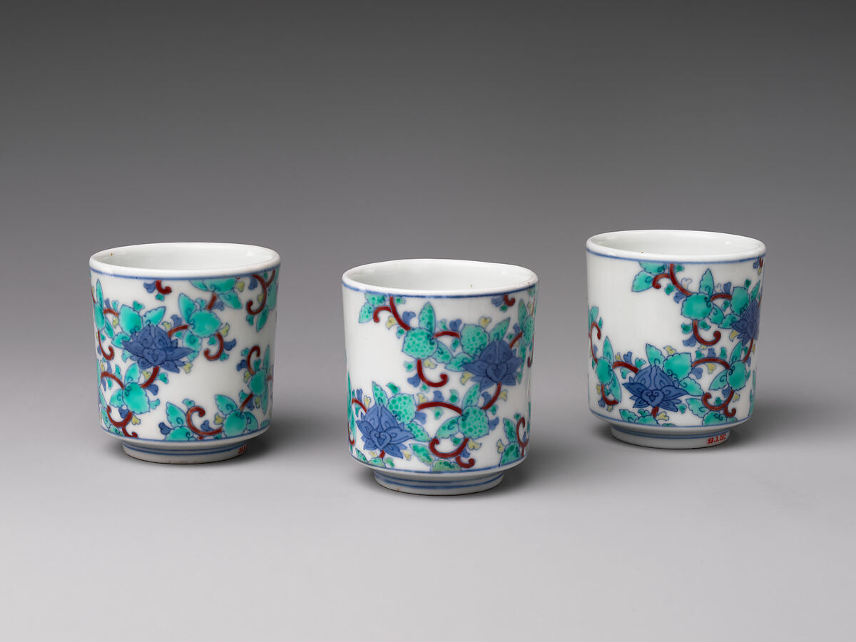 Three Cylindrical Food Cups (Choku) with Stylized Floral Designs, Porcelain with cobalt blue under transparent glaze and polychrome enamels over the glaze (Hizen ware, Nabeshima type), Japan