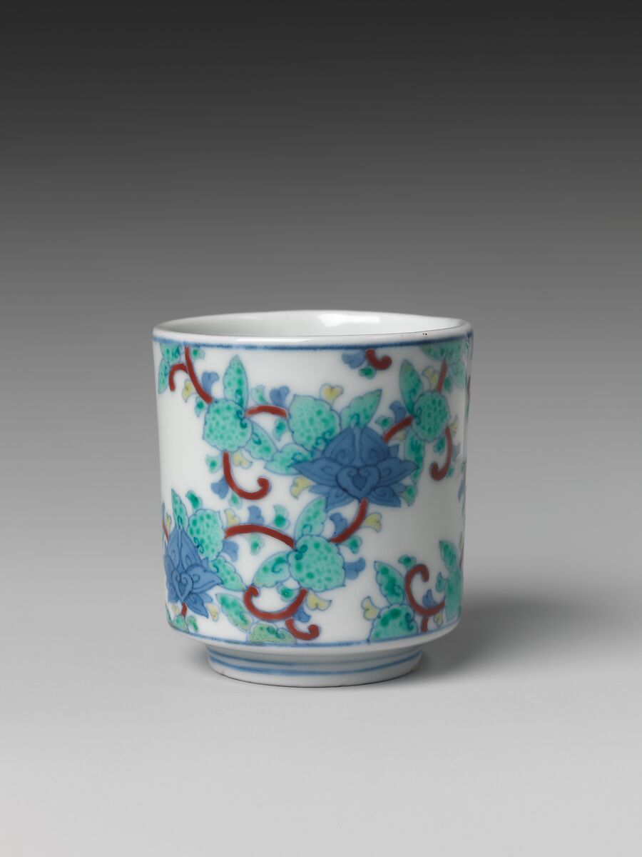 One of Three Cups with Floral Designs, from a Set of Twenty, Porcelain with underglaze blue and overglaze enamels (Hizen ware, Nabeshima type), Japan 