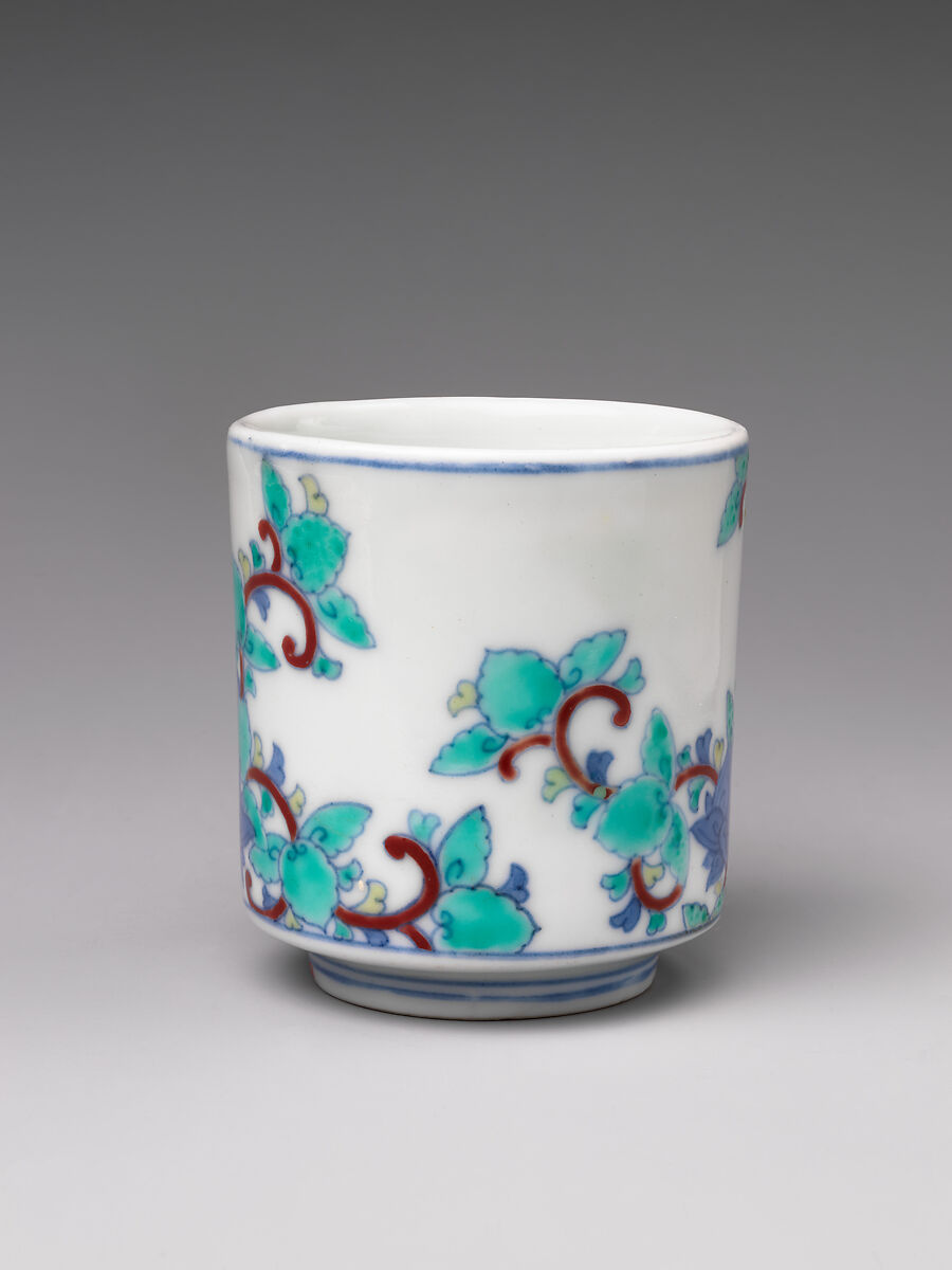 Three Cylindrical Food Cups (Choku) with Stylized Floral Designs, Porcelain with cobalt blue under transparent glaze and polychrome enamels over the glaze (Hizen ware, Nabeshima type), Japan