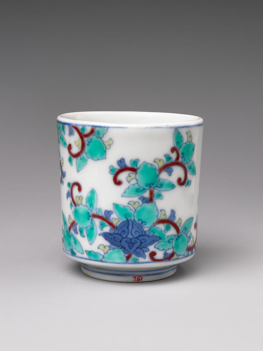 Three Cylindrical Food Cups (Choku) with Stylized Floral Designs, Porcelain with cobalt blue under transparent glaze and polychrome enamels over the glaze (Hizen ware, Nabeshima type), Japan