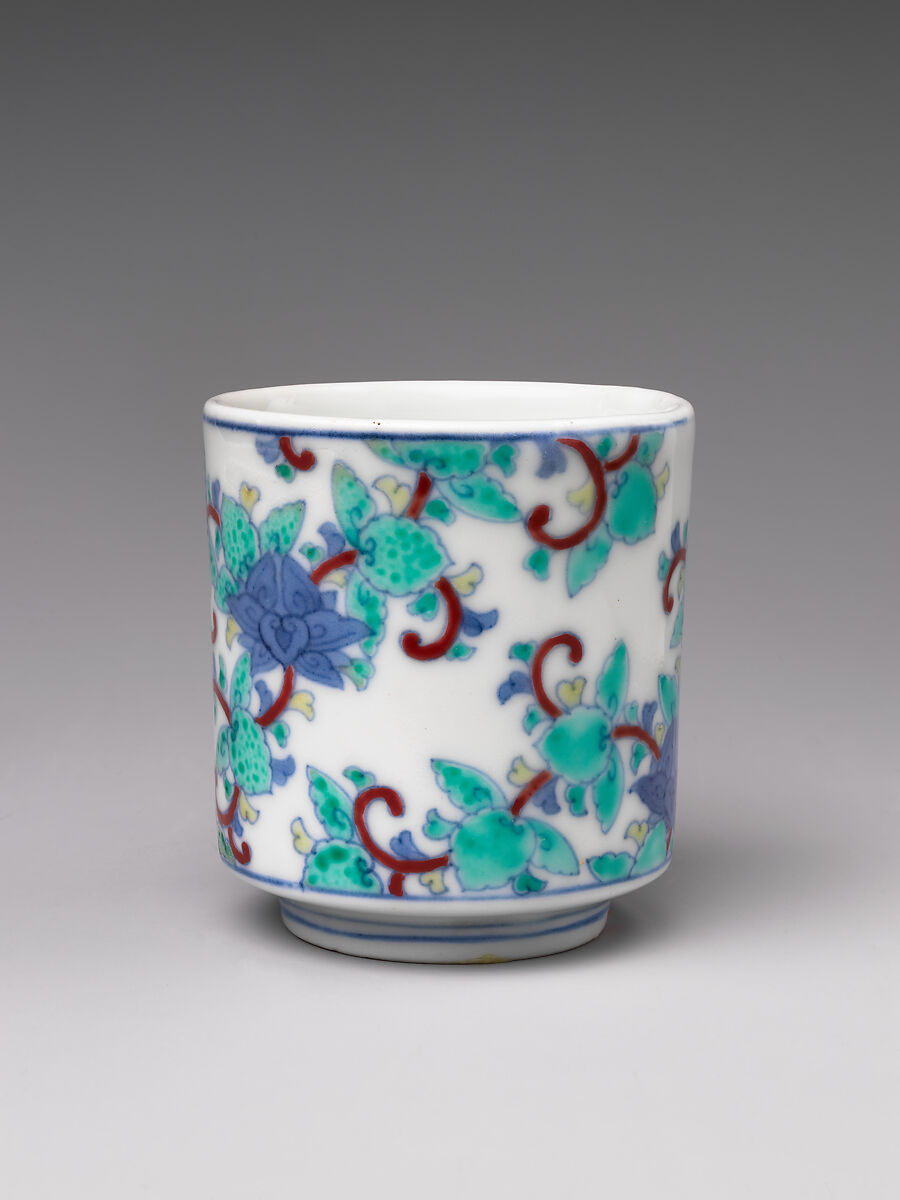 Three Cylindrical Food Cups (Choku) with Stylized Floral Designs, Porcelain with cobalt blue under transparent glaze and polychrome enamels over the glaze (Hizen ware, Nabeshima type), Japan
