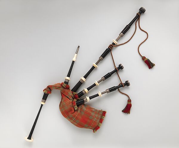 Piob Mhór (Great Highland Bagpipe), Peter Henderson, Ebony, ivory, silver, leather, cloth, Scottish 