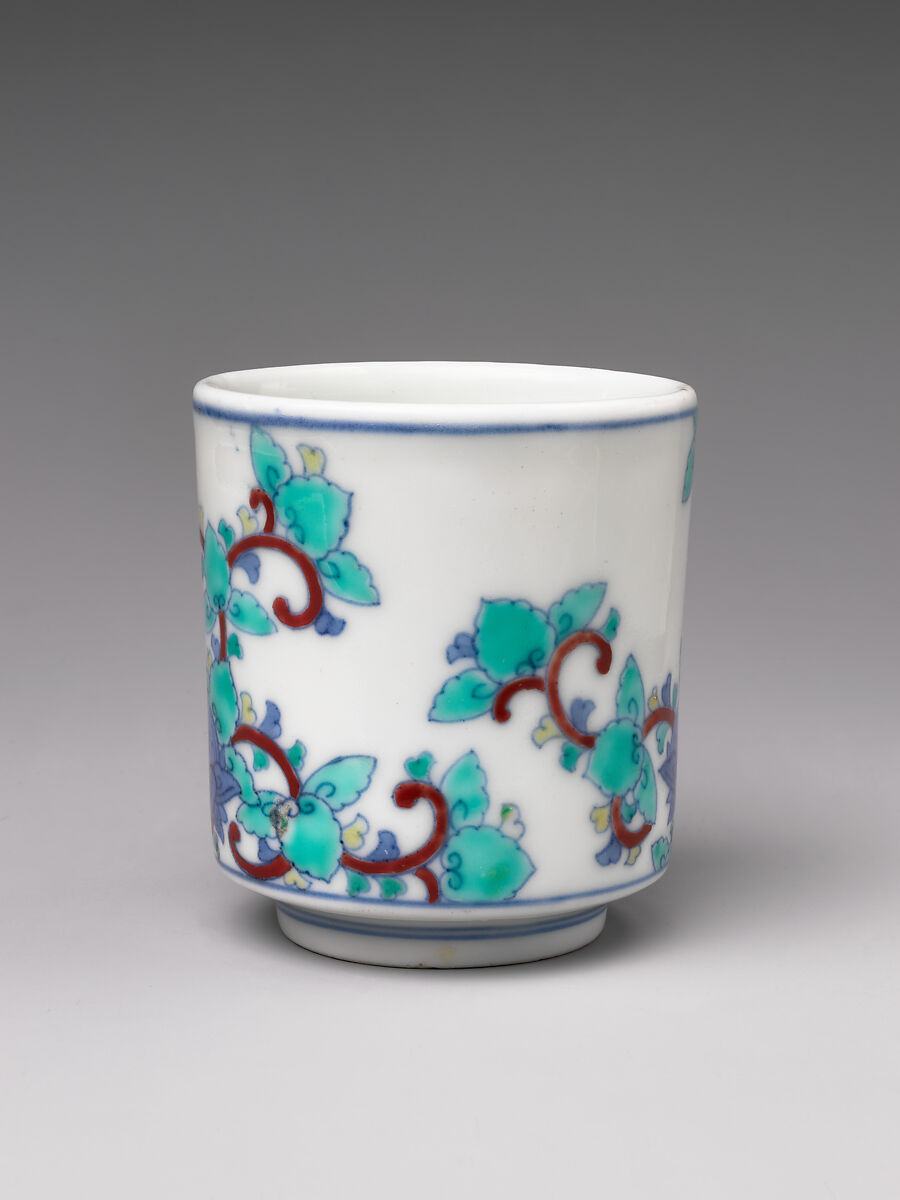 Three Cylindrical Food Cups (Choku) with Stylized Floral Designs, Porcelain with cobalt blue under transparent glaze and polychrome enamels over the glaze (Hizen ware, Nabeshima type), Japan