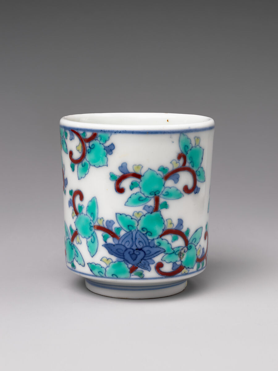 Three Cylindrical Food Cups (Choku) with Stylized Floral Designs, Porcelain with cobalt blue under transparent glaze and polychrome enamels over the glaze (Hizen ware, Nabeshima type), Japan