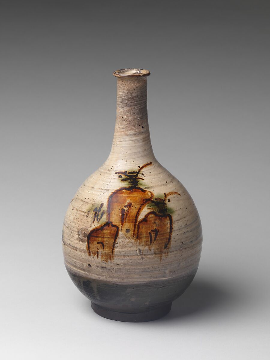Bottle with  Pine Tree, Stoneware with iron-brown decoration and copper-green glaze over brushed white slip, under transparent glaze (Old Takeo ware), Japan