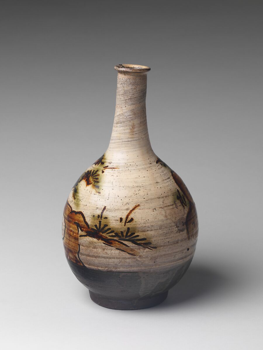 Bottle with  Pine Tree, Stoneware with iron-brown decoration and copper-green glaze over brushed white slip, under transparent glaze (Old Takeo ware), Japan