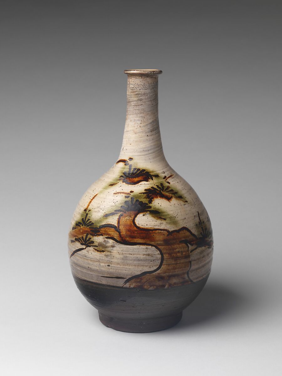 Bottle with Decoration of Pine Tree, Stoneware with iron-painted design and copper-green glaze over brushed white slip (Takeo Karatsu ware), Japan