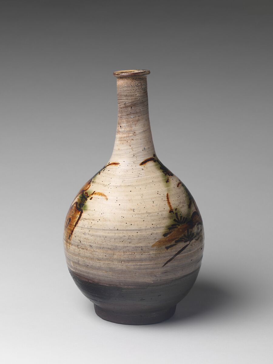 Bottle with  Pine Tree, Stoneware with iron-brown decoration and copper-green glaze over brushed white slip, under transparent glaze (Old Takeo ware), Japan