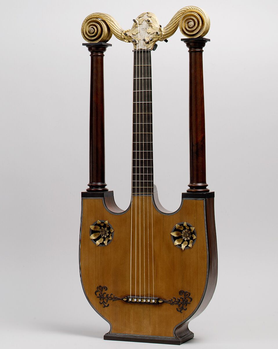 Lyre Guitar, Possibly Joseph Pons (French, born 1776) (probably a son of César Pons), Mahogany, spruce, ebony, brass, nickel-silver, gilding, French 