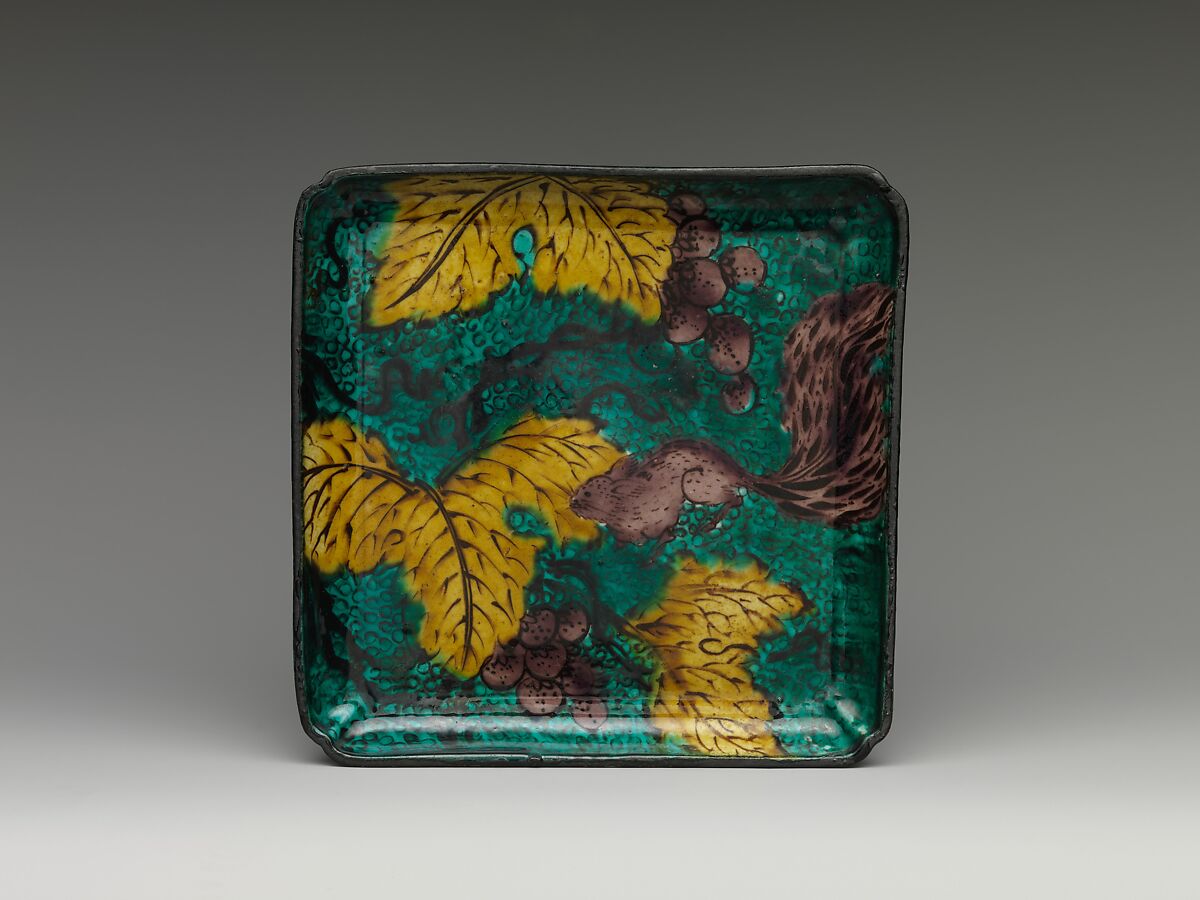 Square Plate with Design of Grapes and Squirrel, Stoneware with overglaze polychrome enamels (Hizen ware, Kutani type), Japan 