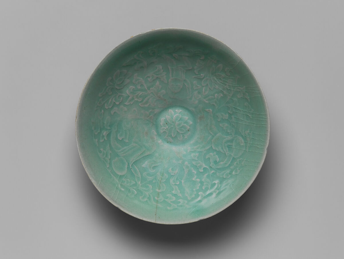 Bowl with two boys and lotuses, Stoneware with mold-impressed decoration under celadon glaze, Korea 