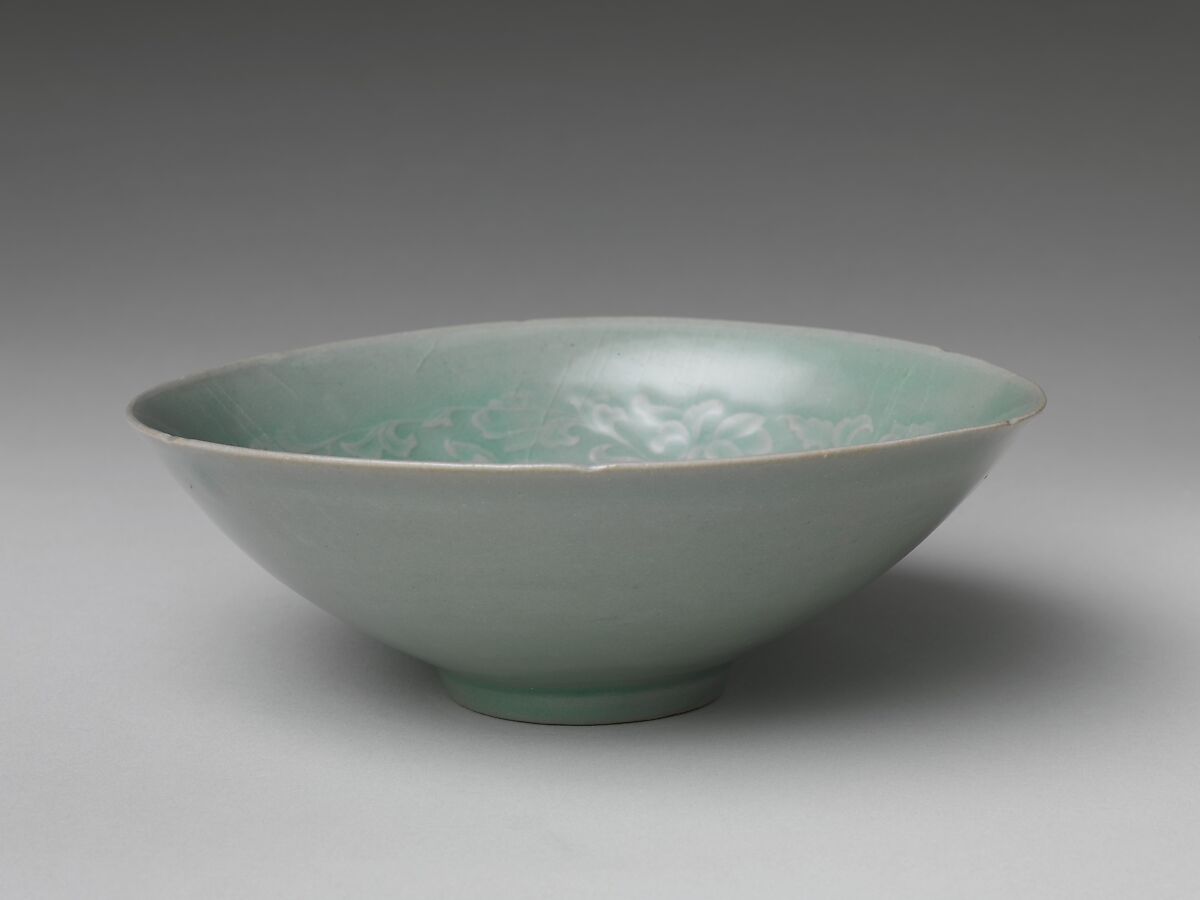 Bowl with two boys and lotuses, Stoneware with mold-impressed design under celadon glaze , Korea