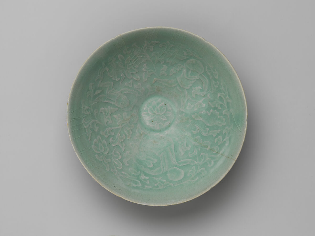 Bowl with two boys and lotuses, Stoneware with mold-impressed design under celadon glaze , Korea