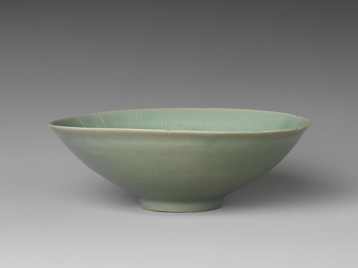 Bowl with two boys and lotuses, Stoneware with mold-impressed design under celadon glaze , Korea