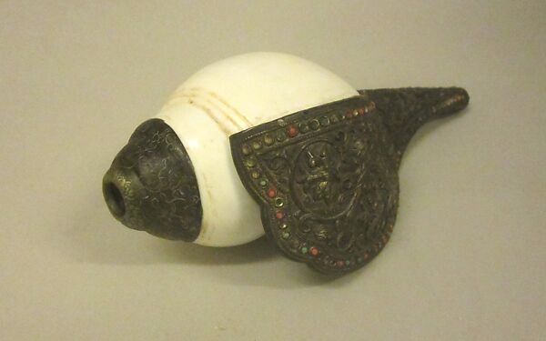 Dung Dkar, White conch or whelk-shell, brass, coral, turquoise, carnelian, Tibetan