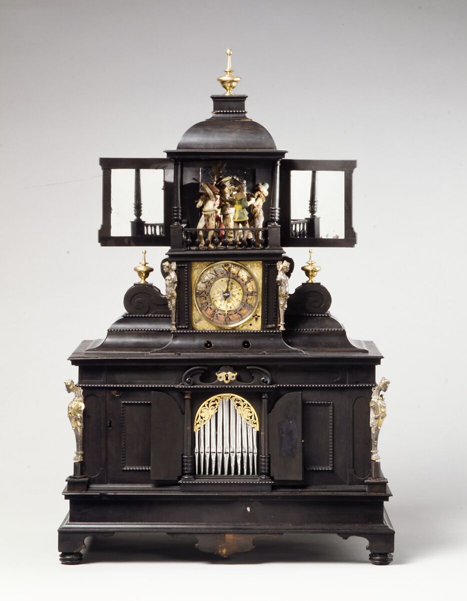 Musical Clock with Spinet and Organ, Veit Langenbucher (1587–1631), Ebony, gliding, brass, silver gilt, gilt brass, iron, various wood and metals, wire, parchment and leather, German