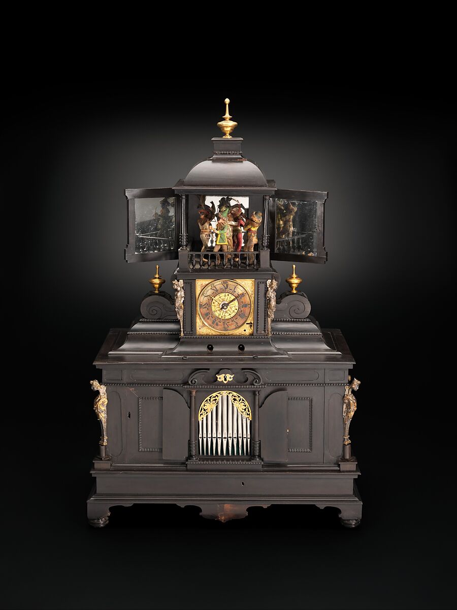 Musical Clock with Spinet and Organ, Veit Langenbucher (1587–1631), Ebony, gliding, brass, silver gilt, gilt brass, iron, various wood and metals, wire, parchment and leather, German 
