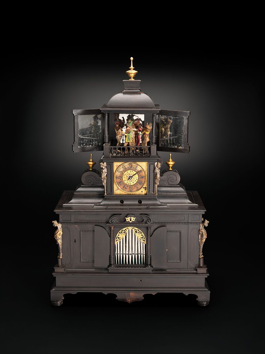 Musical Clock with Spinet and Organ, Veit Langenbucher  German, Ebony, gliding, brass, silver gilt, gilt brass, iron, various wood and metals, wire, parchment and leather, German