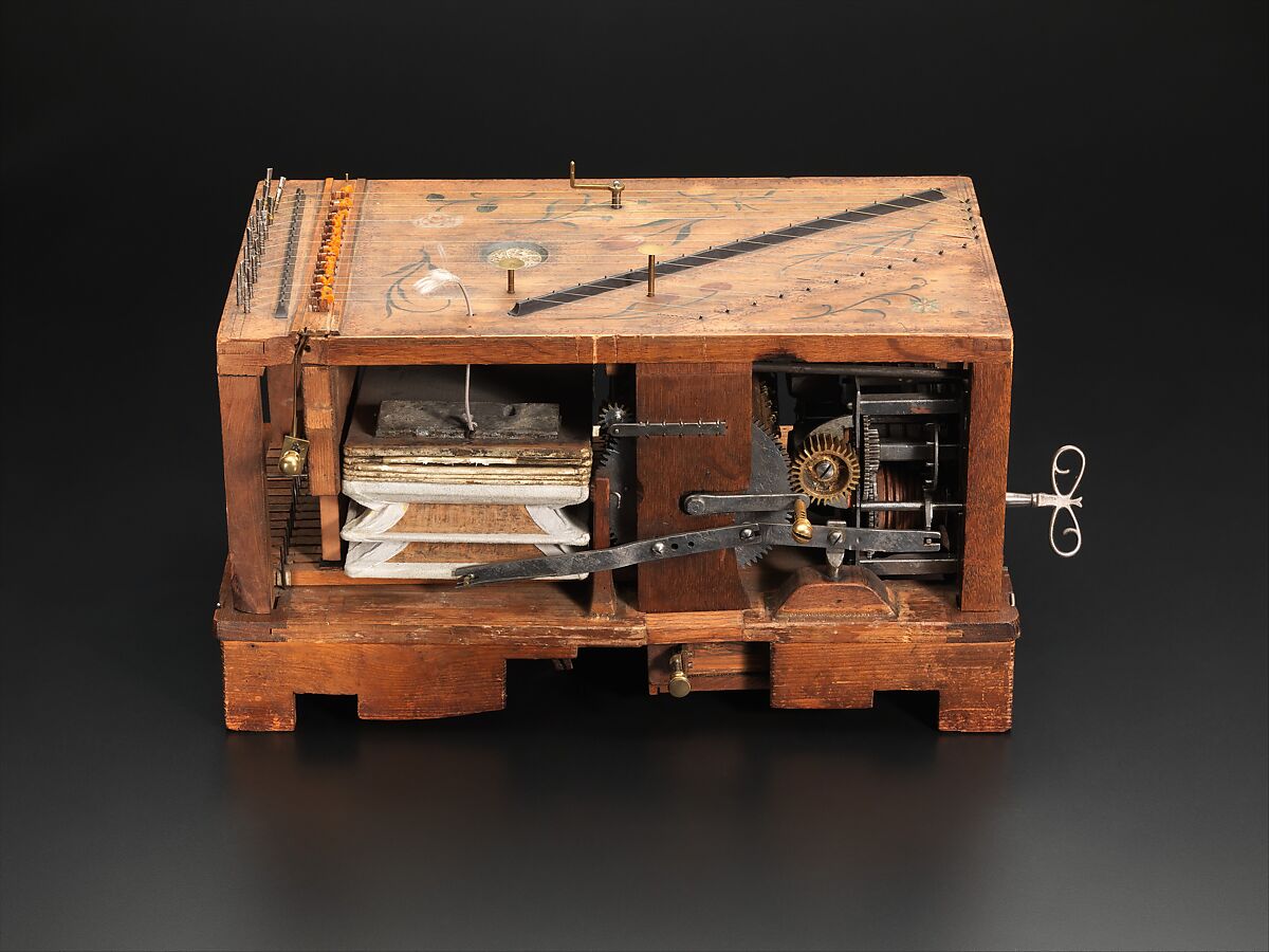 Musical Clock with Spinet and Organ, Veit Langenbucher (1587–1631), Ebony, gliding, brass, silver gilt, gilt brass, iron, various wood and metals, wire, parchment and leather, German