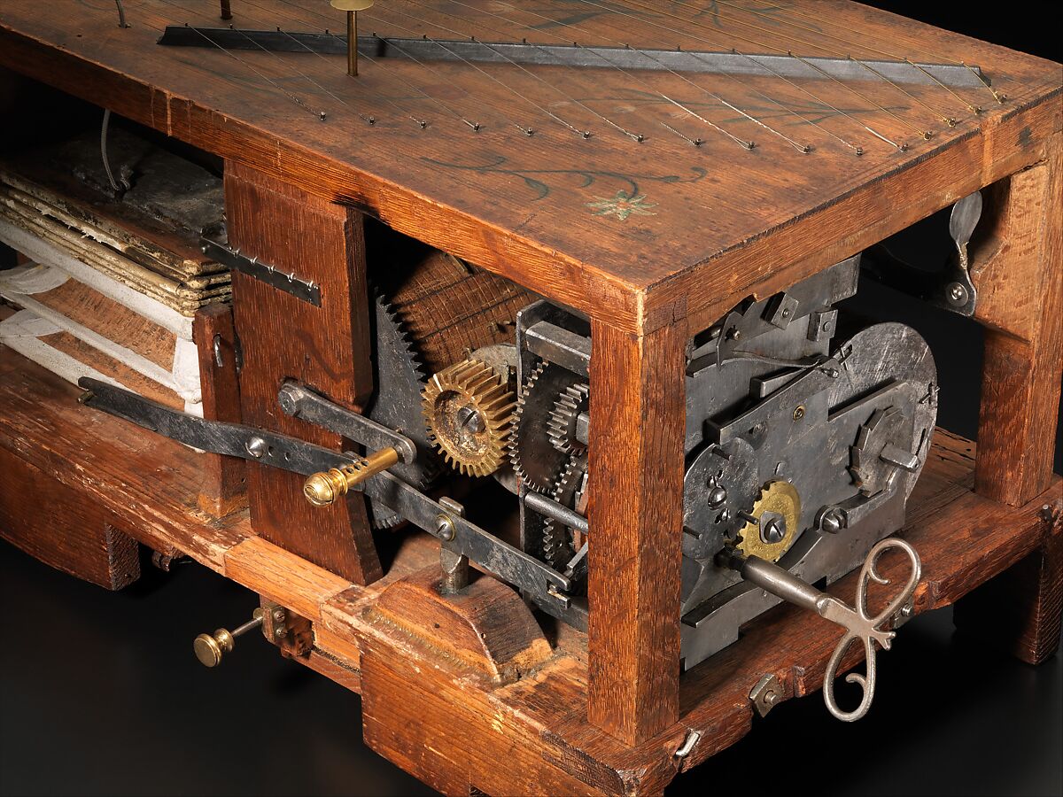 Musical Clock with Spinet and Organ, Veit Langenbucher (1587–1631), Ebony, gliding, brass, silver gilt, gilt brass, iron, various wood and metals, wire, parchment and leather, German